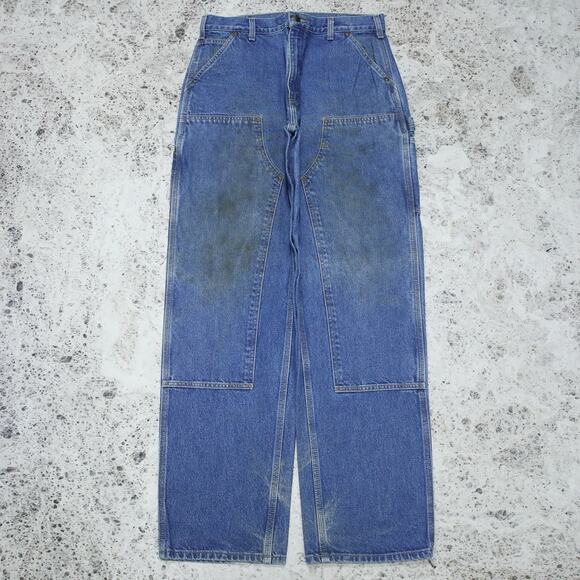 Vintage Carhartt B73 DST Faded Blue Jeans Denim Double Knee Carpenter Pant 33x34 - Picture 1 of 16